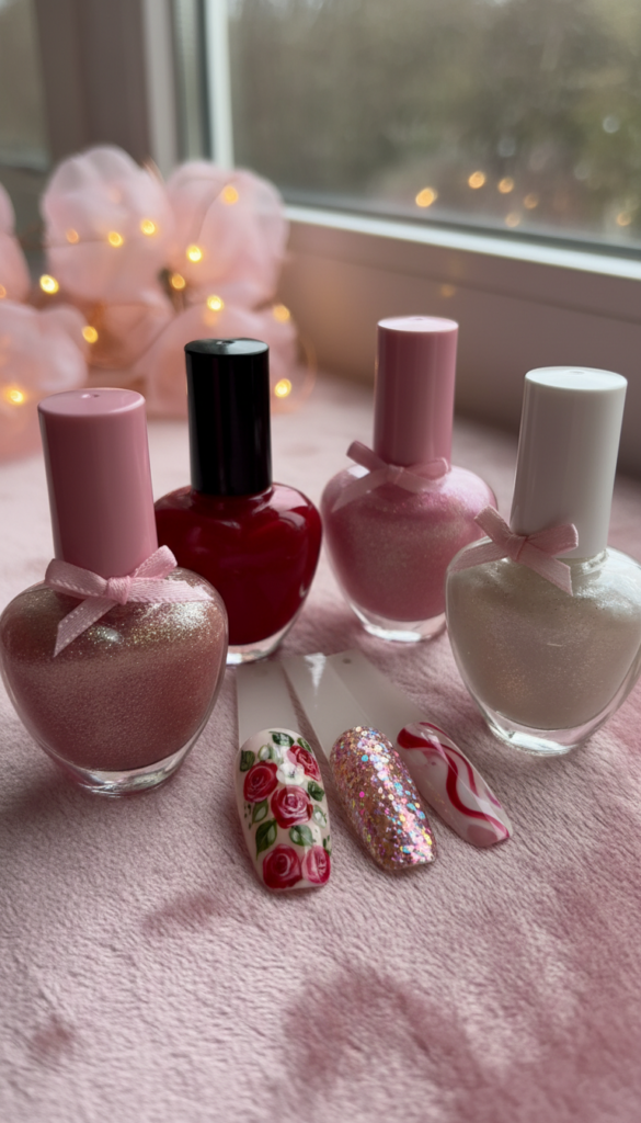 A close-up of a beautifully arranged display of Valentine's nail colors on a soft, blush pink velvet background. In the foreground, showcase a variety of nail polish bottles in elegant, heart-shaped designs, with shades like soft pinks, deep reds, sparkling golds, and creamy whites. The middle ground features nail art accent nails with delicate floral patterns, glitter, and abstract designs, all perfectly manicured. The background is slightly blurred to maintain focus on the nails, with gentle bokeh from fairy lights that create a warm and romantic atmosphere. Natural soft lighting highlights the shimmer of the polishes and the intricate details of the nail art, evoking a cozy and festive Valentine’s Day mood.