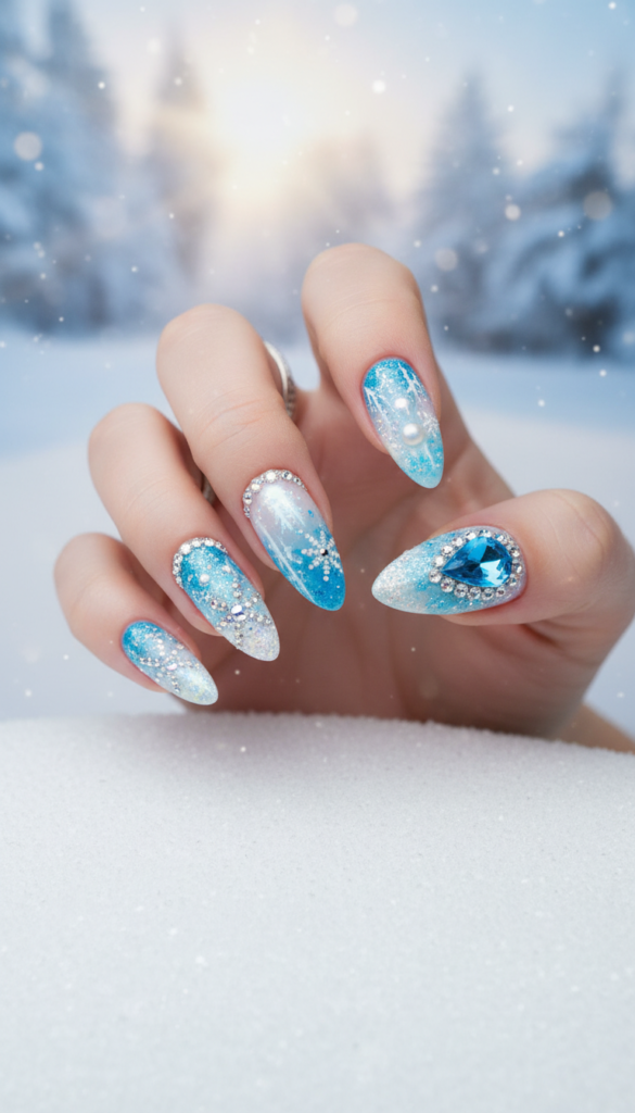A close-up view of elegant nail art featuring crystal embellishments, showcasing a variety of icy designs in frosty blue, white, and silver shades. The nails are adorned with sparkling crystals and delicate frost-like patterns, reflecting light beautifully. The foreground includes a hand gently resting on a white surface, with impeccable attention to detail on each nail's intricate design. The middle layer displays a subtle, blurred background of a winter landscape with soft, ethereal lighting that enhances the icy theme. The overall atmosphere is serene and sophisticated, evoking a sense of winter elegance. The image should have a soft, diffused light, capturing the brilliance of the crystals while maintaining a cool color palette, shot from a slightly elevated angle to showcase the nails prominently.