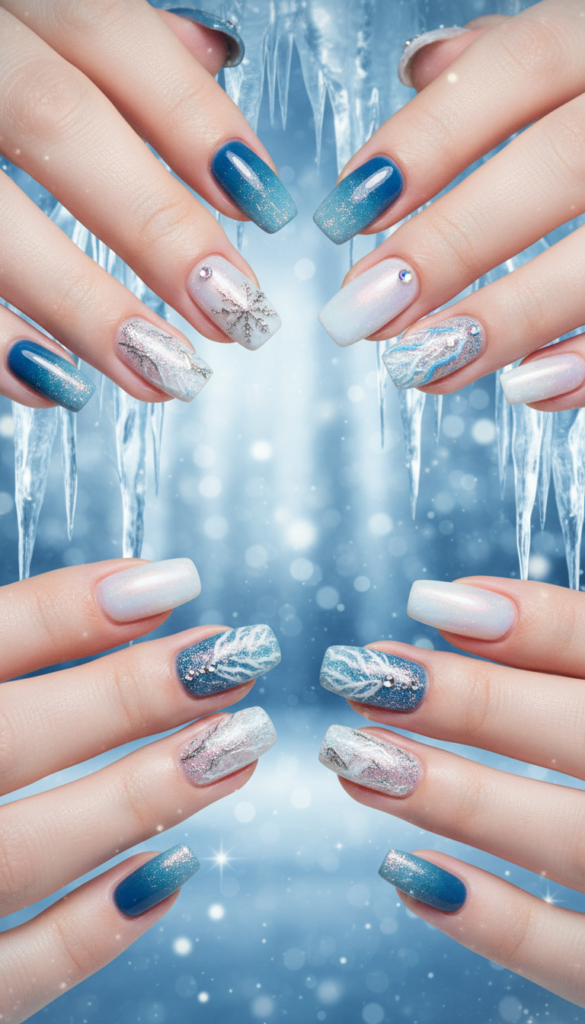 A close-up view of icy nail designs, featuring a variety of stunning winter-themed nail art. The foreground showcases several manicured hands adorned with intricate icy patterns, shimmering frost effects, and delicate snowflake decals in hues of icy blue, white, and silver. The middle layer includes a stylish winter-themed background with soft, bokeh lights that create an ethereal atmosphere, resembling glistening ice and snow. The lighting is soft and cool, highlighting the intricate details of the nail art. A subtle sparkle effect enhances the enchanting vibe, evoking the magic of winter. The image should capture a luxurious yet inviting mood, perfect for showcasing captivating winter nail ideas.