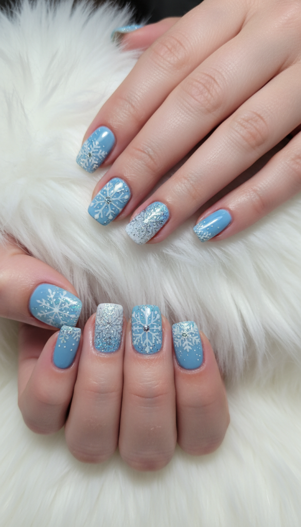 A close-up view of intricate snowflake nail art on elegantly manicured hands, showcasing a variety of delicate snowflake designs painted in icy blues and shimmering whites. The nails are detailed with fine, crisp lines and glitter that catch the light, creating a frosty effect. The hands are placed gently on a soft, white faux fur background, enhancing the wintery theme. The lighting is soft and diffused, casting a gentle glow that highlights the nail art's precision and artistry. A shallow depth of field draws focus to the nails while creating a dreamy atmosphere, evoking the beauty of a serene winter landscape. The overall mood is elegant and enchanting, perfect for showcasing the allure of winter-inspired nail designs.