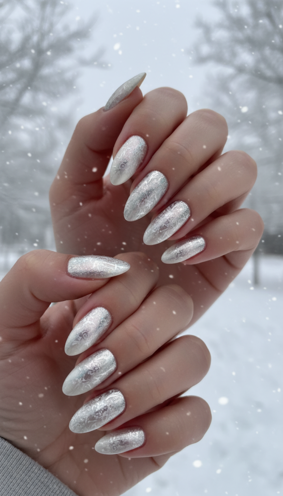 A close-up view of manicured hands displaying classic icy nails, featuring a glossy finish with shimmering silver and white hues. The nails have intricate, frosty designs reminiscent of snowflakes, adding an elegant touch to the overall look. The hands are positioned gracefully against a soft-focus winter-themed background, such as gently falling snowflakes or a blurred icy landscape. Soft, diffused lighting enhances the nails' sparkle and sheen, creating a magical winter atmosphere. The camera angle is slightly above the hands, capturing the intricate details without distractions. This composition conveys a sense of sophistication and winter glamour, perfectly suited for a winter style theme.