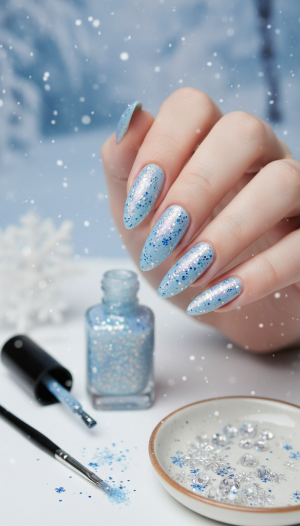 Create an image of elegant icy blue nails adorned with sparkling glitter for a glamorous winter look. In the foreground, showcase a close-up of long, impeccably manicured nails, featuring a smooth icy blue finish that captures light beautifully, while glimmers of iridescent silver and blue glitter catch the eye, enhancing their shine. In the middle ground, arrange tools such as nail polish, a small brush, and decorative elements like snowflakes or crystals, subtly indicating the nail art theme. The background should be softly blurred with a wintery ambiance, including a soft-focus view of falling snowflakes and a cool, frosty color palette. Use soft, diffused lighting to create a dreamy atmosphere, highlighting the nails' intricate details and the magical essence of winter celebrations.