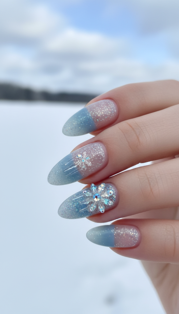 Create an image showcasing a close-up view of fashionable winter nails featuring a striking combination of matte and glossy icy textures. The foreground should display beautifully manicured nails, half matte and half glossy, with shimmering frost-like details and subtle sparkles that catch the light. The middle layer should include a delicate crystal nail design accenting a couple of nails, reflecting icy blues and silvers. The background can feature a soft, blurred winter landscape with hints of snowy white and soft blue hues to enhance the chilly atmosphere. The lighting should be bright yet soft, creating a harmonious glow that enhances the icy effect. Use a macro lens perspective to capture intricate details, evoking a stylish and elegant winter mood.