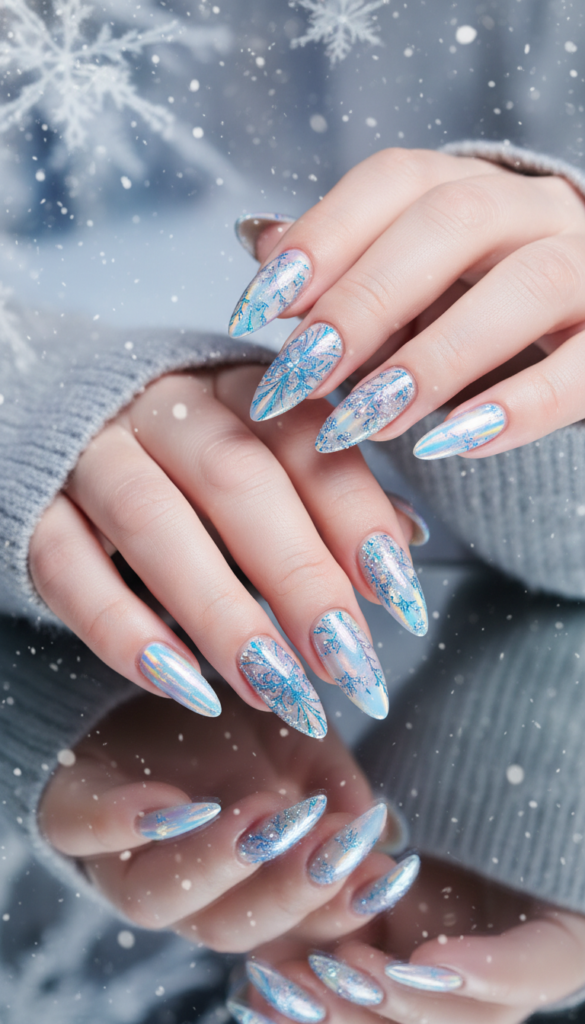 a close-up of holographic nails that glisten like ice crystals, featuring intricate designs in shimmering silver and iridescent blue tones. The nails should reflect a spectrum of colors, showcasing a magical, frosty feel, reminiscent of an ice queen's elegance. The foreground captures the nails prominently, with glimmers and sparkle highlighted by soft, diffused lighting. In the middle ground, a delicate, reflective surface enhances the holographic effect, while the background remains softly blurred with a winter-themed ambiance, perhaps light snowflakes falling softly. The overall mood is ethereal and enchanting, perfect for a stylish winter aesthetic. The nails should be depicted on elegantly manicured hands, with the person wearing modest, chic attire to maintain professionalism.