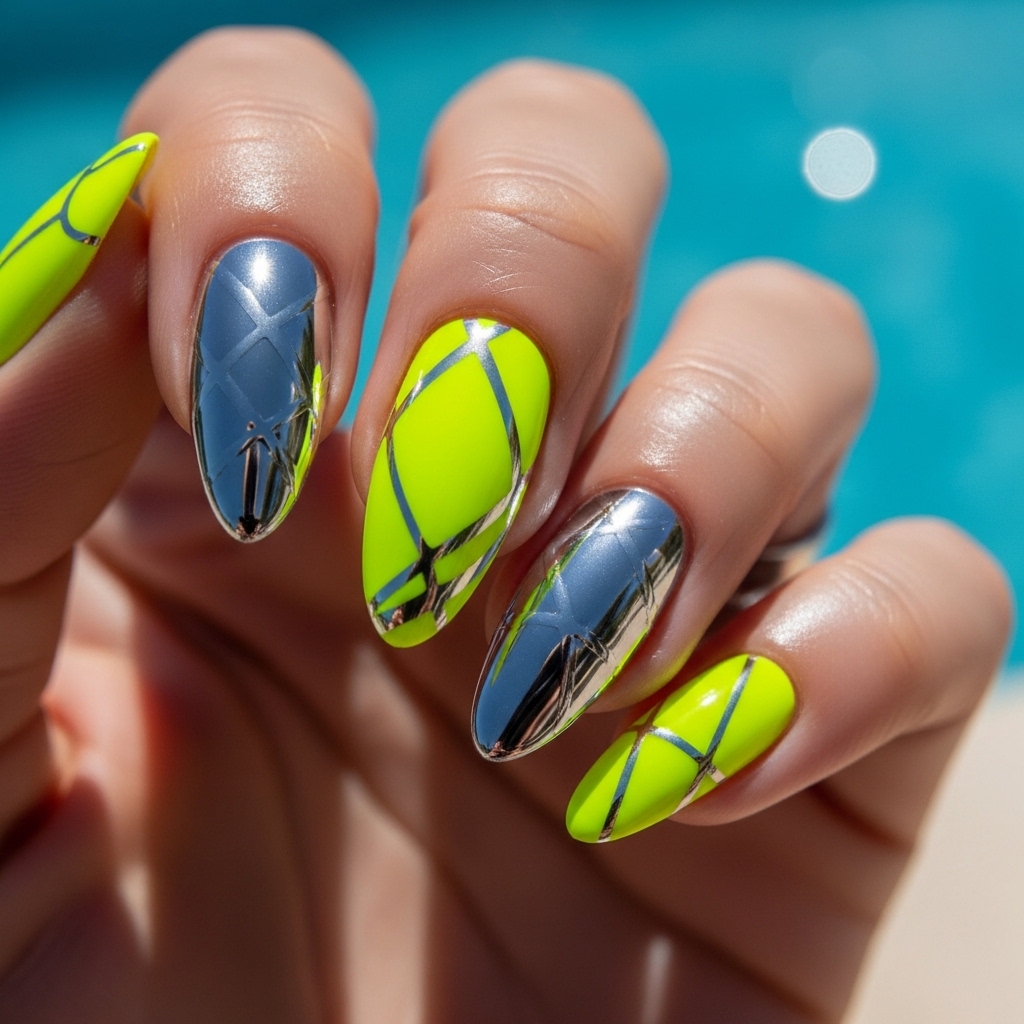  Summer Nail Color 2026 – Neon Yellow Chrome Short Almond Vacation Nails