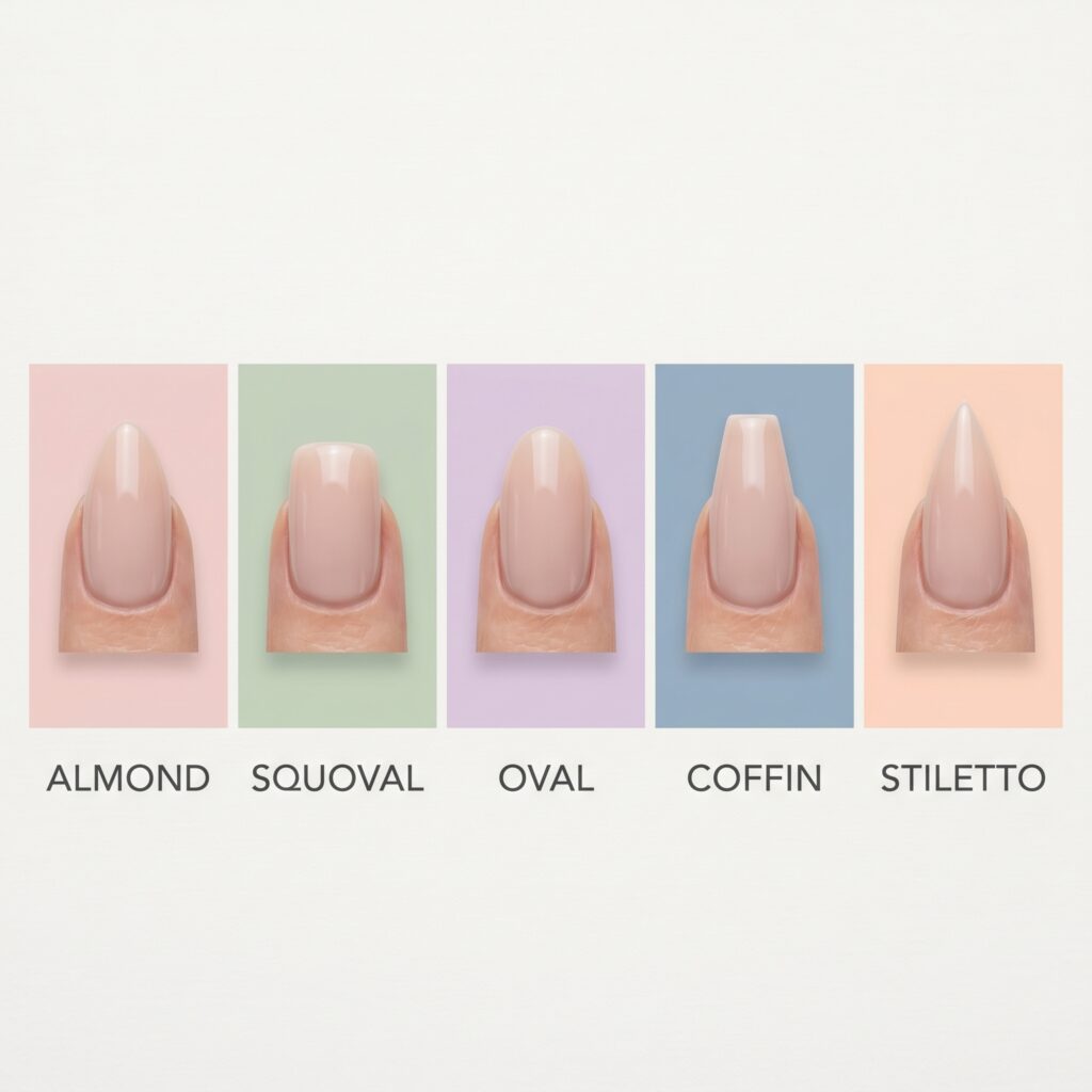 Flat-lay of five nail shapes side by side — almond, squoval, oval, coffin, stiletto — pastel color-coded with 2026 trend rankings on a white background