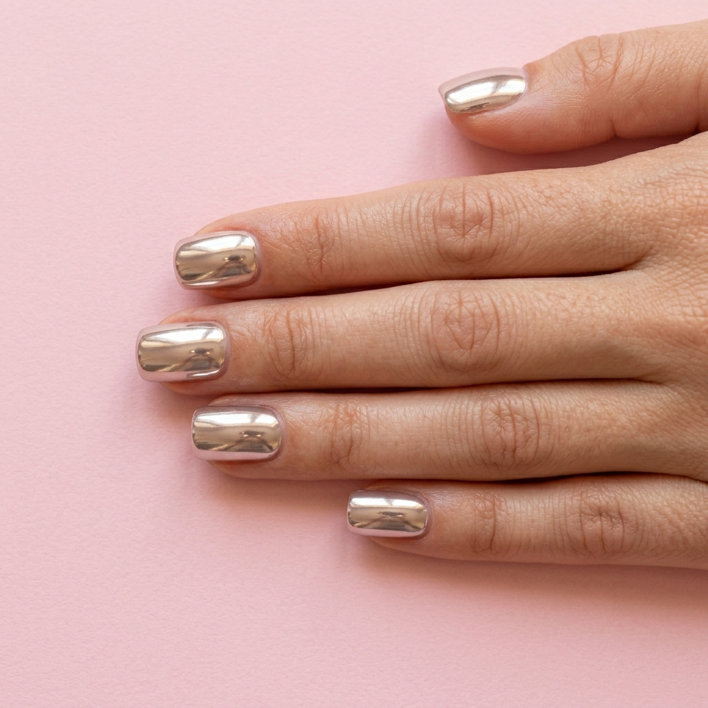 Short square nails in soft mirror chrome metallic — warm studio lighting, pastel pink background