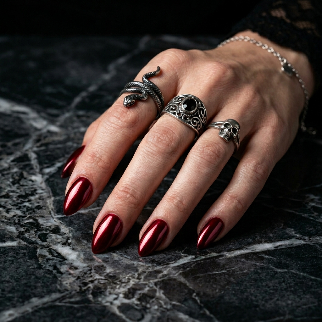 Short stiletto nails in deep cherry red metallic gel — dark marble background, dramatic moody lighting